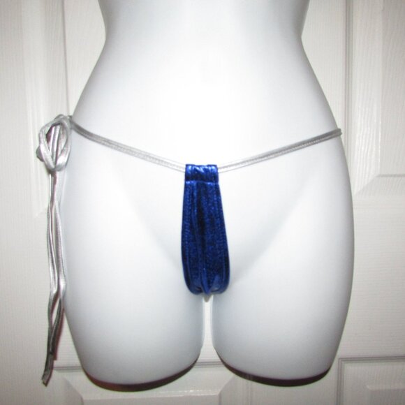 Blue Silver Metallic Micro Strappy String Thong Bikini - NEW - Picture 6 of 8
